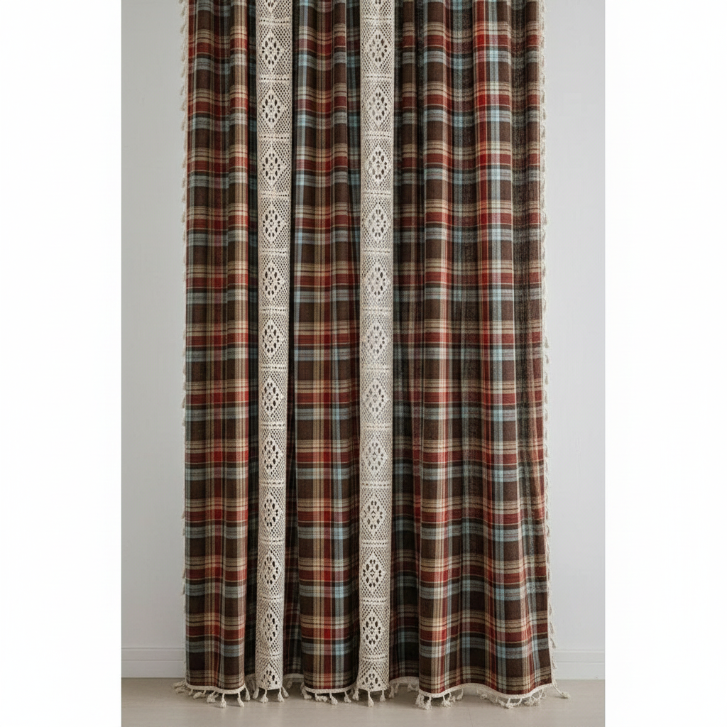 Chocolate Brown tartan plaid curtain panel with ivory crochet-lace trim and tassels