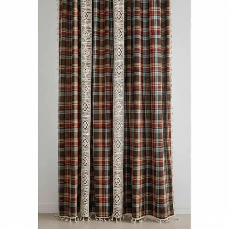 Chocolate Brown tartan plaid curtain panel with ivory crochet-lace trim and tassels