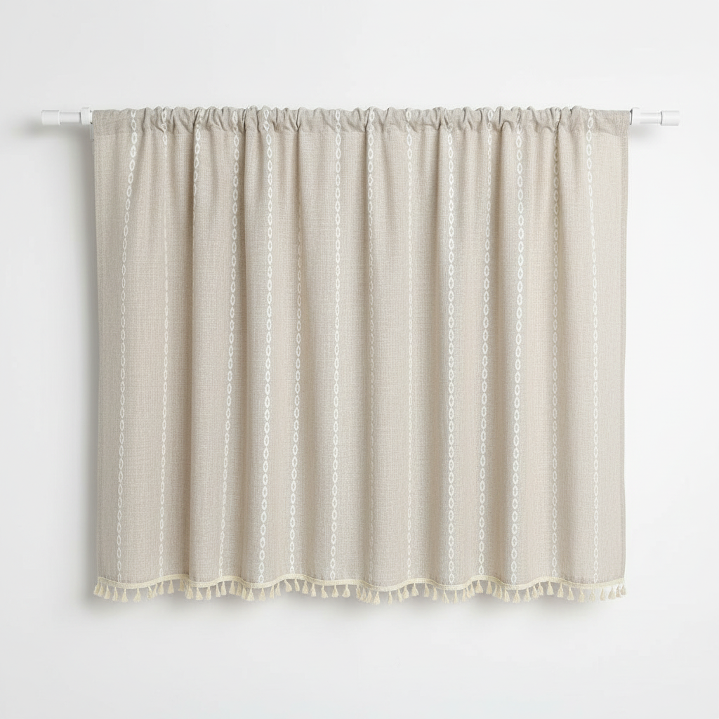 Boho cotton-linen kitchen curtain jacquard stripe - Khaki