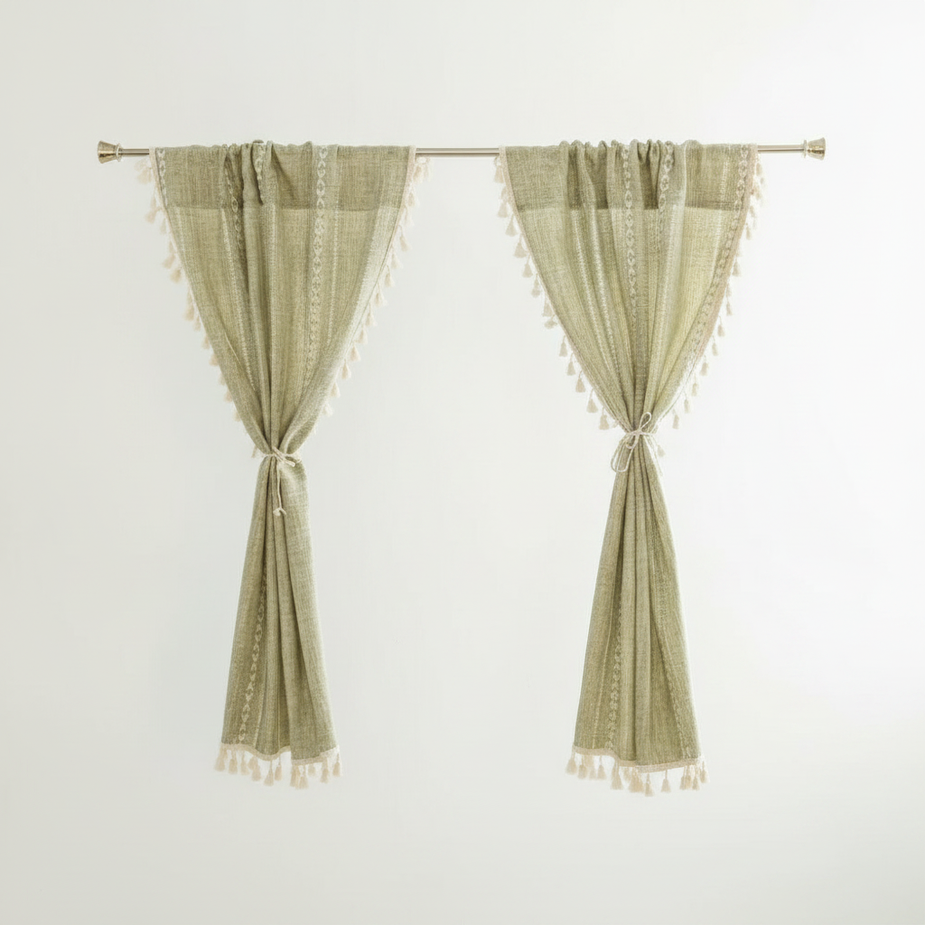 Boho cotton-linen kitchen curtain jacquard stripe - Green
