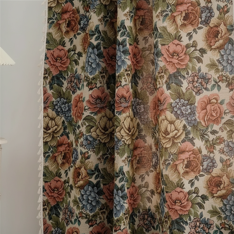 Heritage Rose Bloom Tassel Curtain - floral jacquard luxe drape