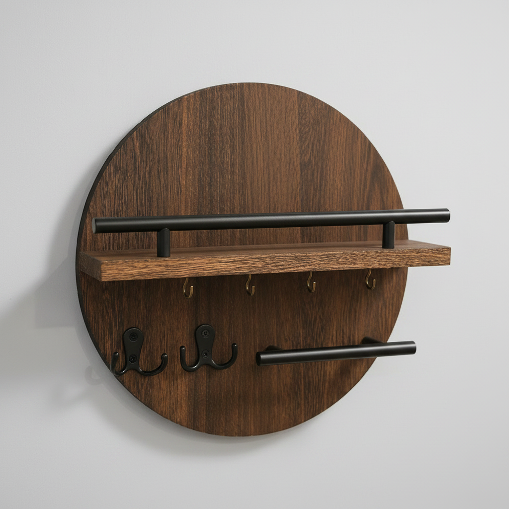 Round Wooden Key Holder – Brown/Black finish with shelf and hooks – Scandinavian wall organizer