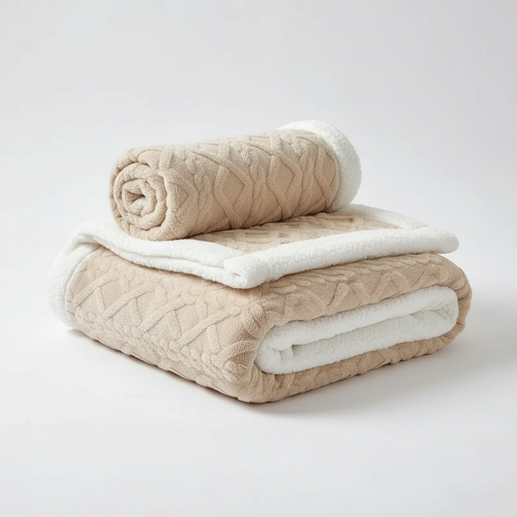 Reversible Sherpa Throw Blanket in Latte - folded, plush fleece and sherpa reverse