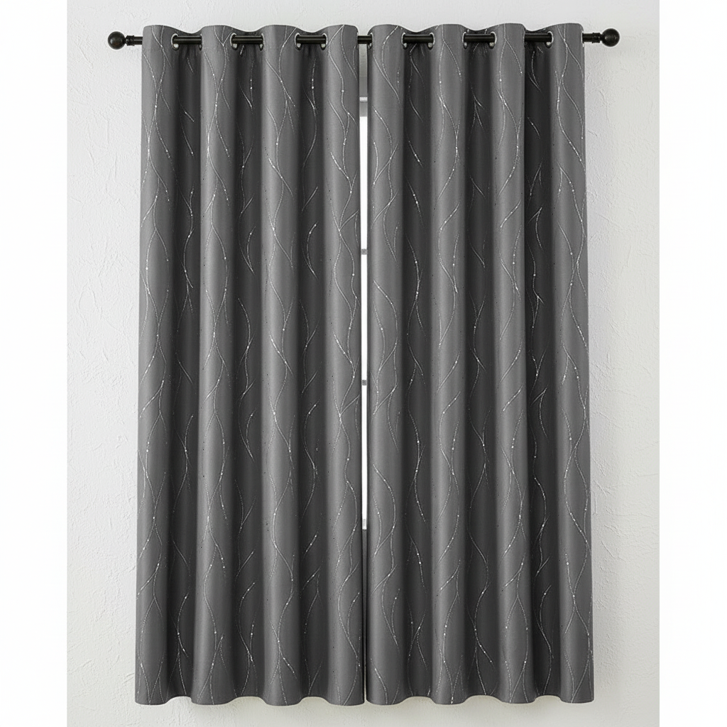 Gleam Chic Blackout Curtain in Steel Wave with gleaming wave-sheen pattern and grommet top