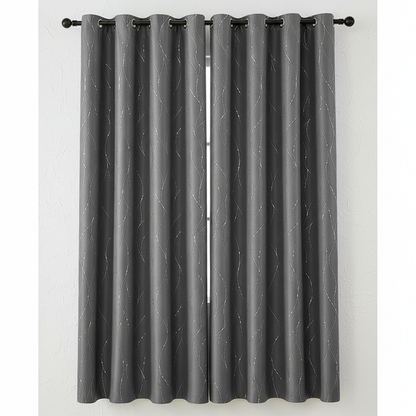 Gleam Chic Blackout Curtain in Steel Wave with gleaming wave-sheen pattern and grommet top