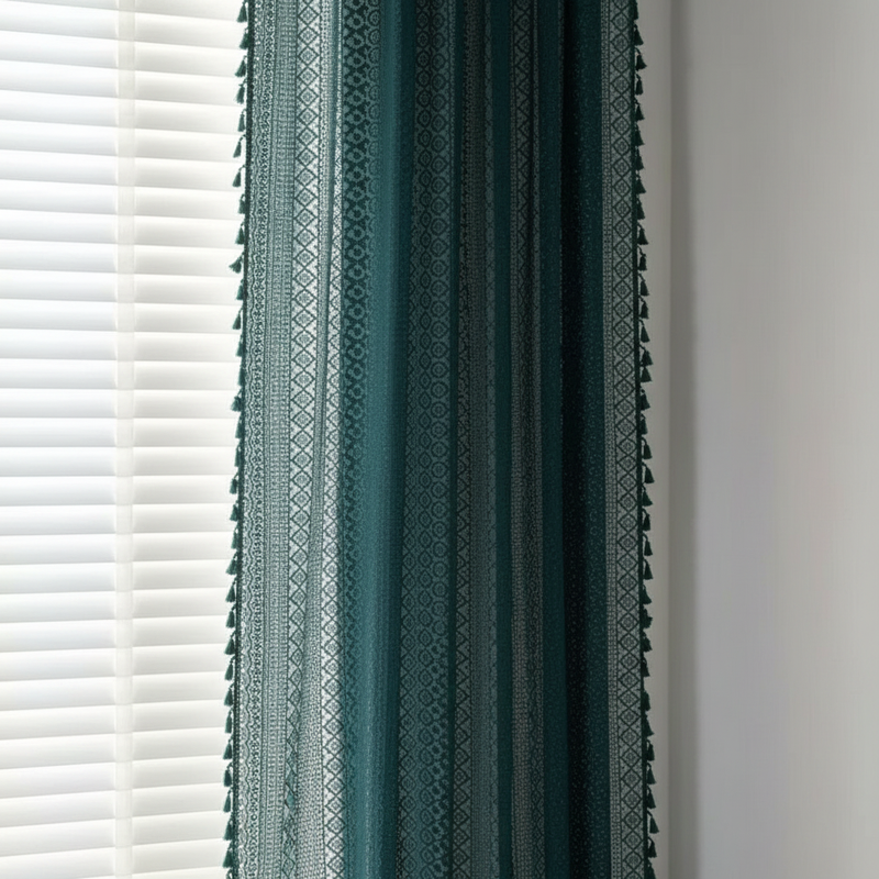 Lumine semi-sheer floral crochet-lace curtain panel in green with tassels, hung at a window