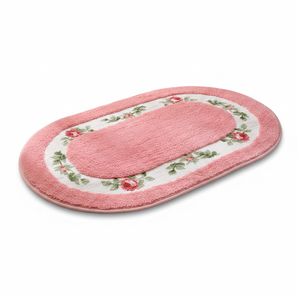 Pink Blossom oval plush floral bath mat