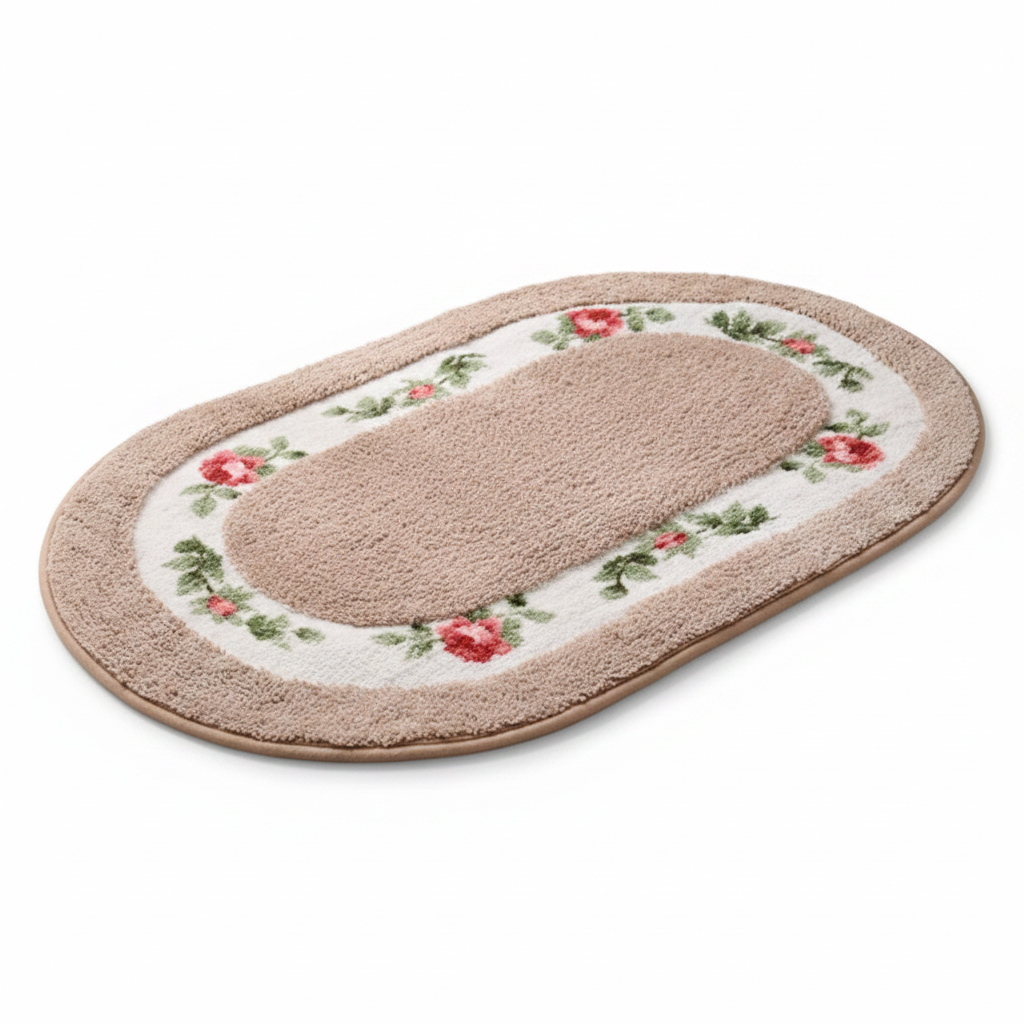 Beige Petal oval plush floral bath mat