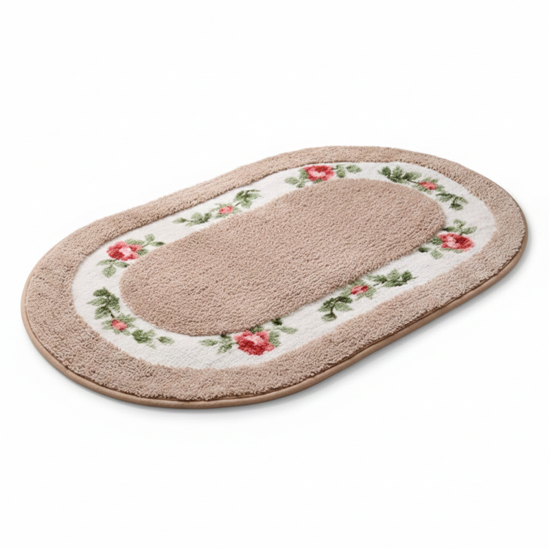 Beige Petal oval plush floral bath mat