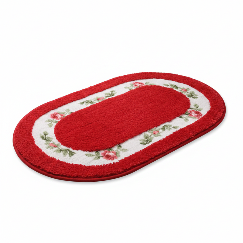 Red Rose oval plush floral bath mat