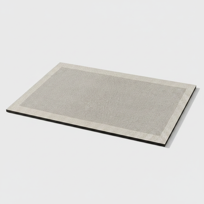 Grey bordered quick-dry absorbent bath mat with non-slip rubber base