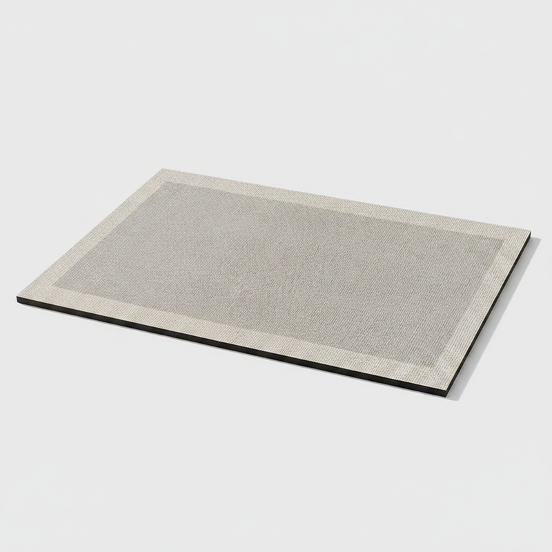 Grey bordered quick-dry absorbent bath mat with non-slip rubber base