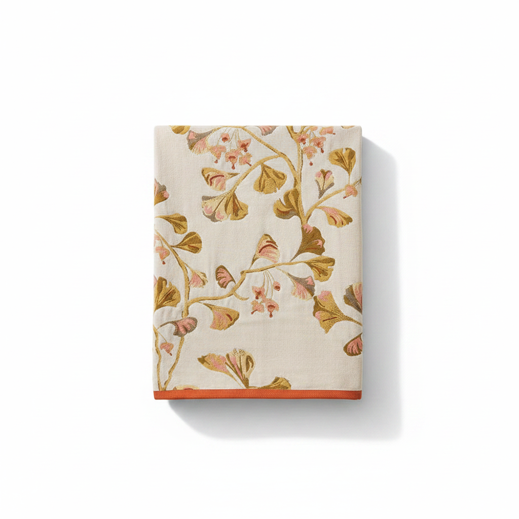 Cotton Gauze Bath Towel | Ginkgo Print - Beige & Orange