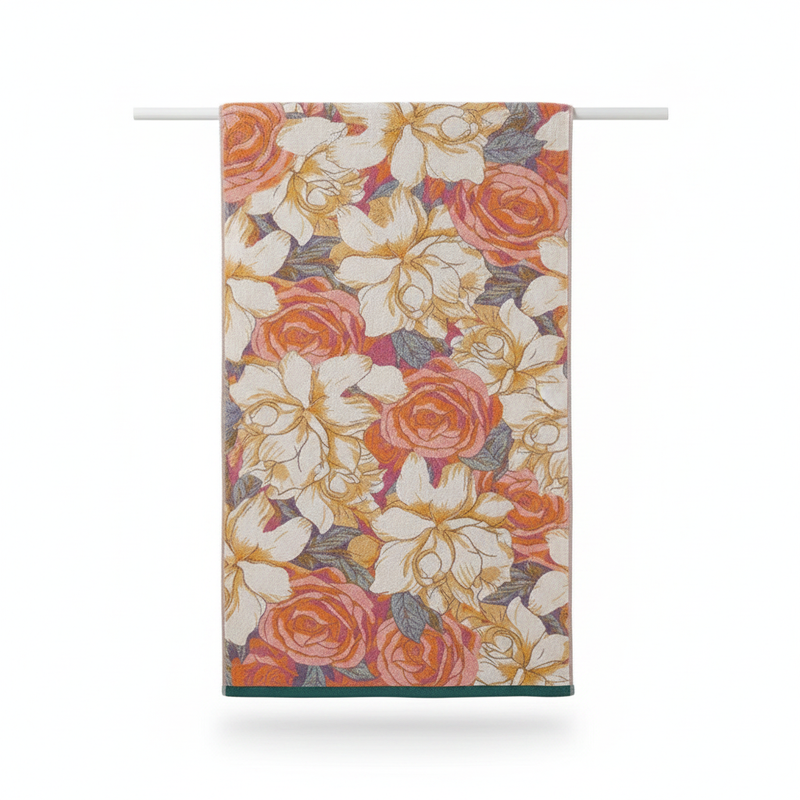 Cotton Bath Towel Vintage Rose Floral Coral Orange