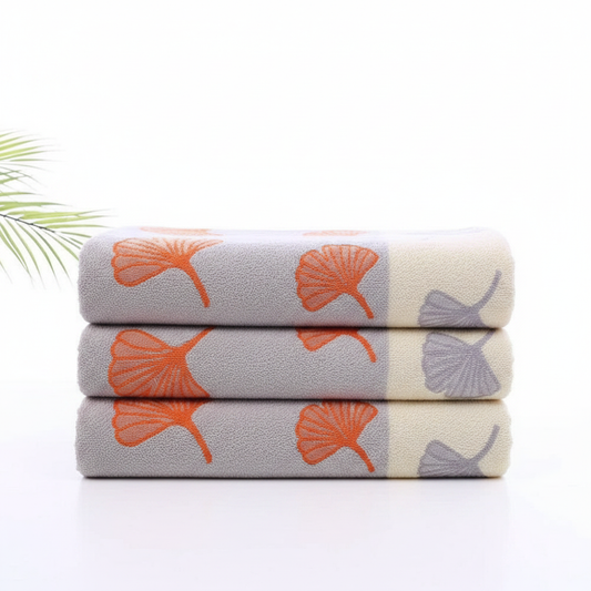 Pure Cotton Bath Towel Ginkgo Leaf Print Gray & Orange