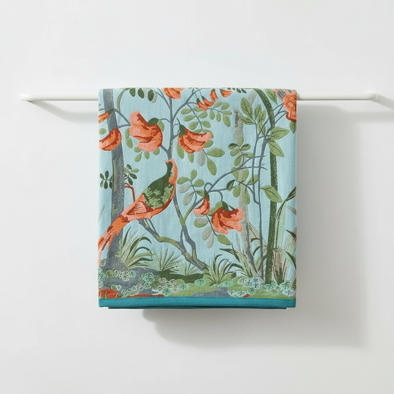 Cotton Bath Towel Floral Leaf Knit Weave - Bird Blue