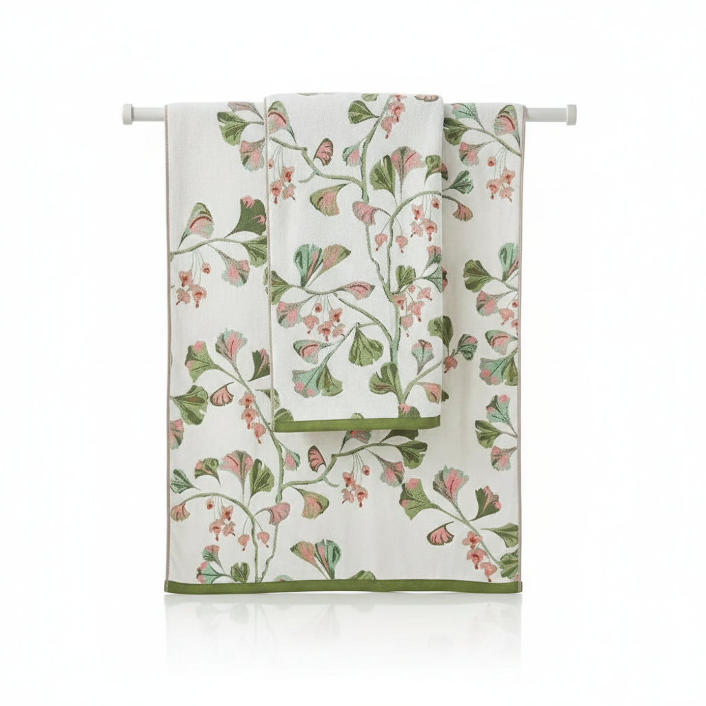 Cotton Bath Towel Floral Leaf Knit Weave - Flower Green