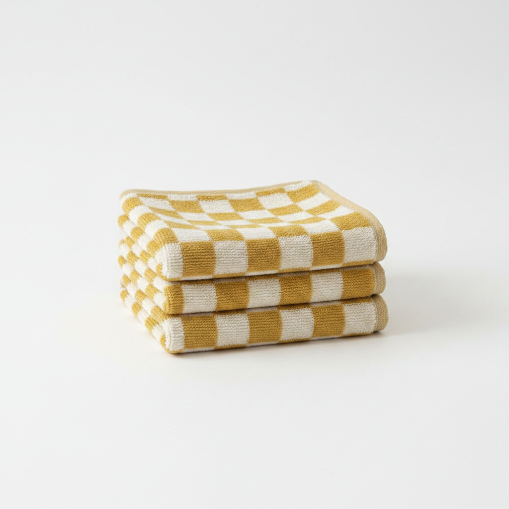 Retro Checkered Cotton Towel - Yellow