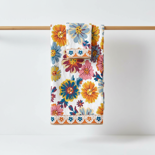 Reversible Cotton Bath Towel | Floral Print - White & Orange