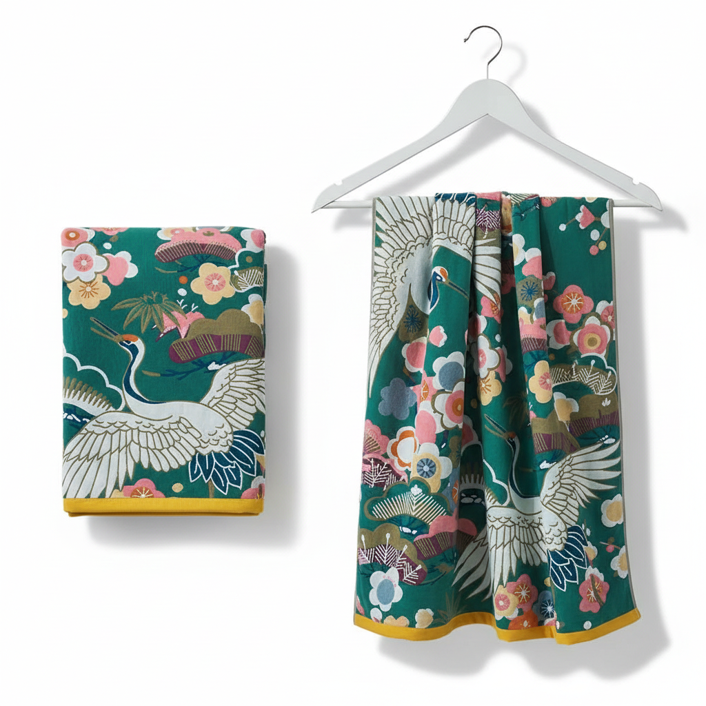 Pure Cotton Bath Towel Crane & Floral - Dark Green & White