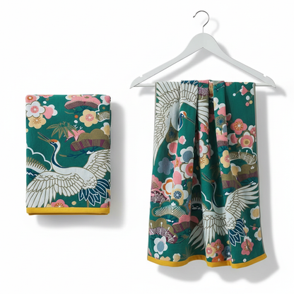 Pure Cotton Bath Towel Crane & Floral - Dark Green & White