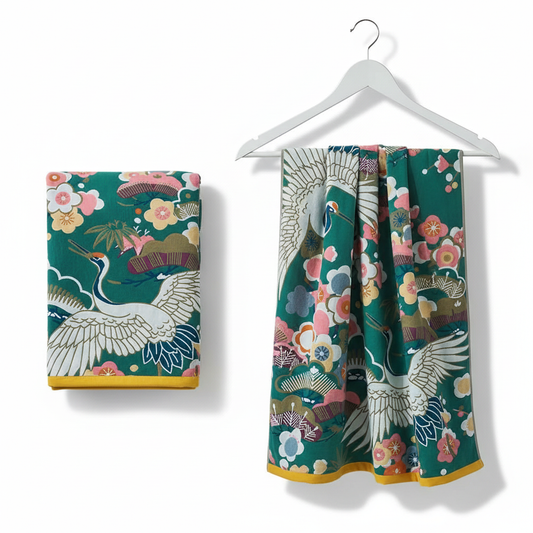 Pure Cotton Bath Towel Crane & Floral - Dark Green & White