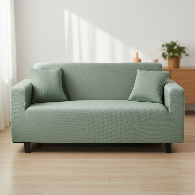 Pale Green jacquard couch cover fitted on sofa in living room