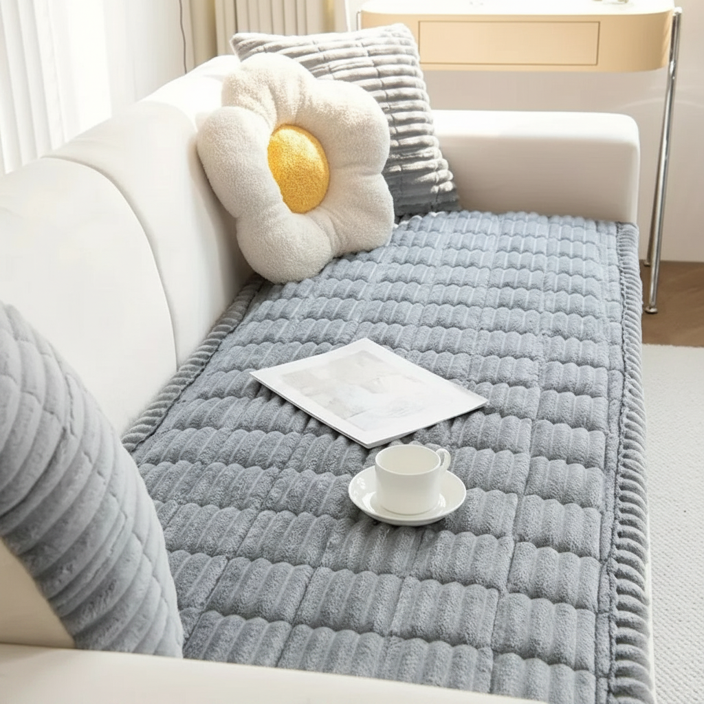 Plush Hand-Pleated Sofa Cover - Cloud Texture