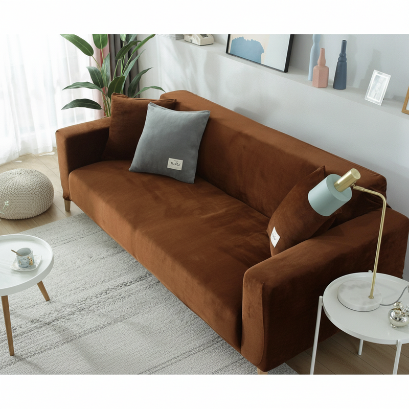 Brown velvet full stretch sofa slipcover fitted on a 3-seater couch in a bright modern living room