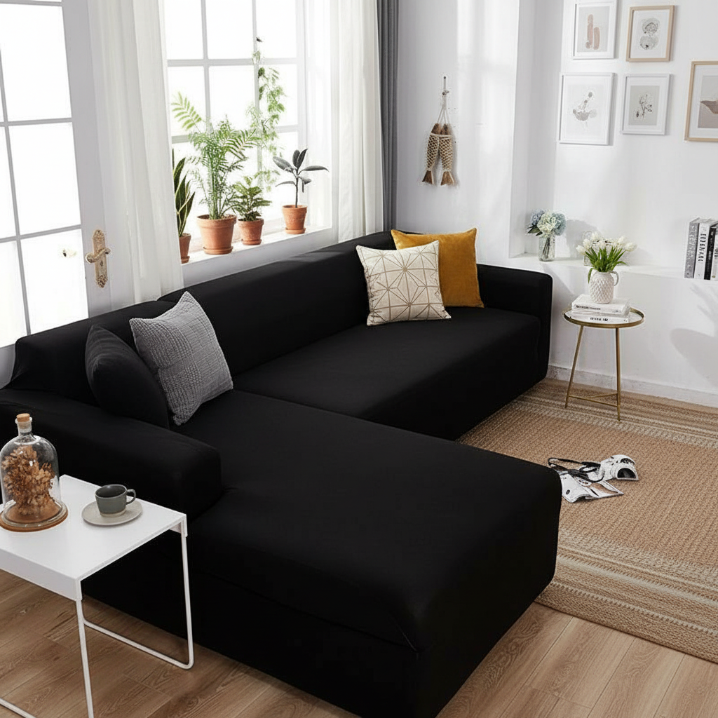 Black L-shaped corner sofa fully fitted with stretch slipcover