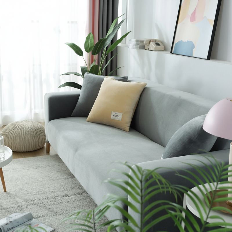 Velvet Light Grey Couch Cover | Adaptable Slipcover, Soft Cover