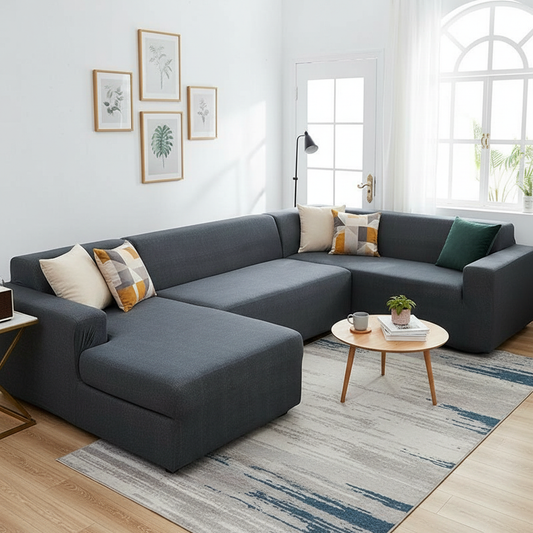 Spotted anthracite grey L-shaped corner sofa stretch slipcover