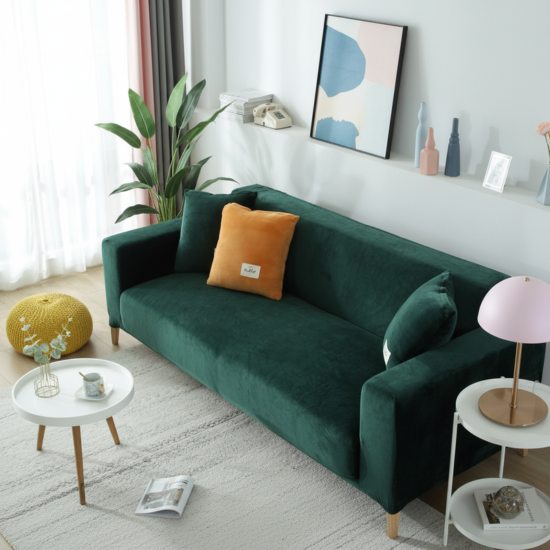 Velvet Dark Green Couch Cover | Adaptable Slipcover, Non-Slip Fit