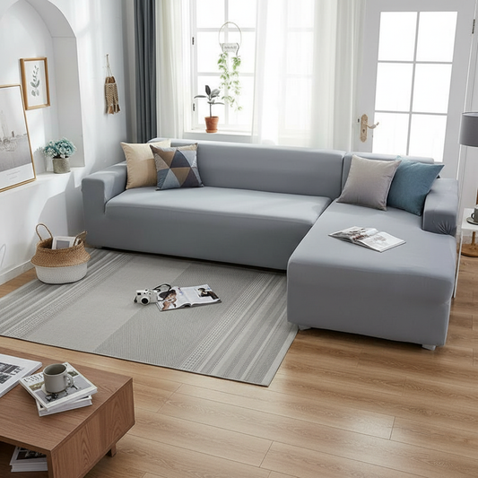 Mouse grey L-shaped corner sofa stretch slipcover