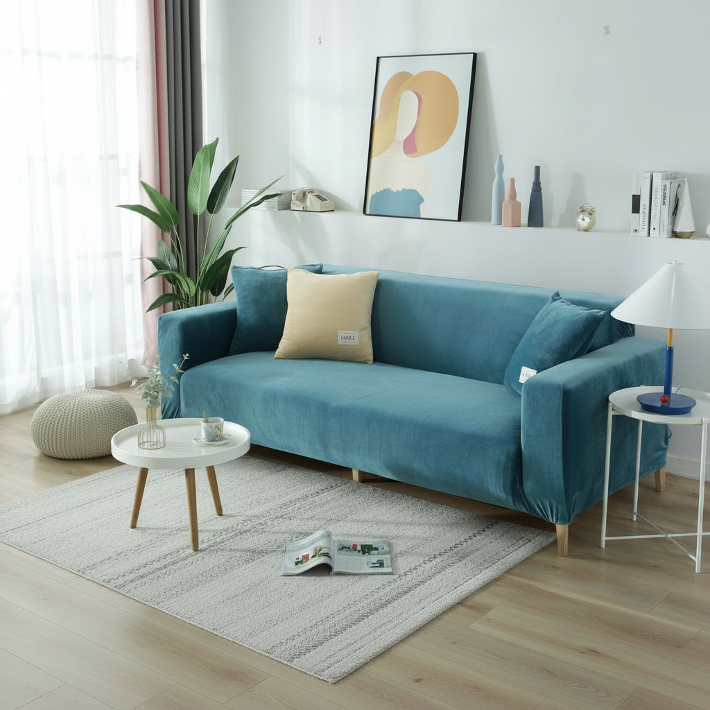 Lake blue velvet full stretch sofa slipcover fitted on a 3-seater couch in a bright modern living room