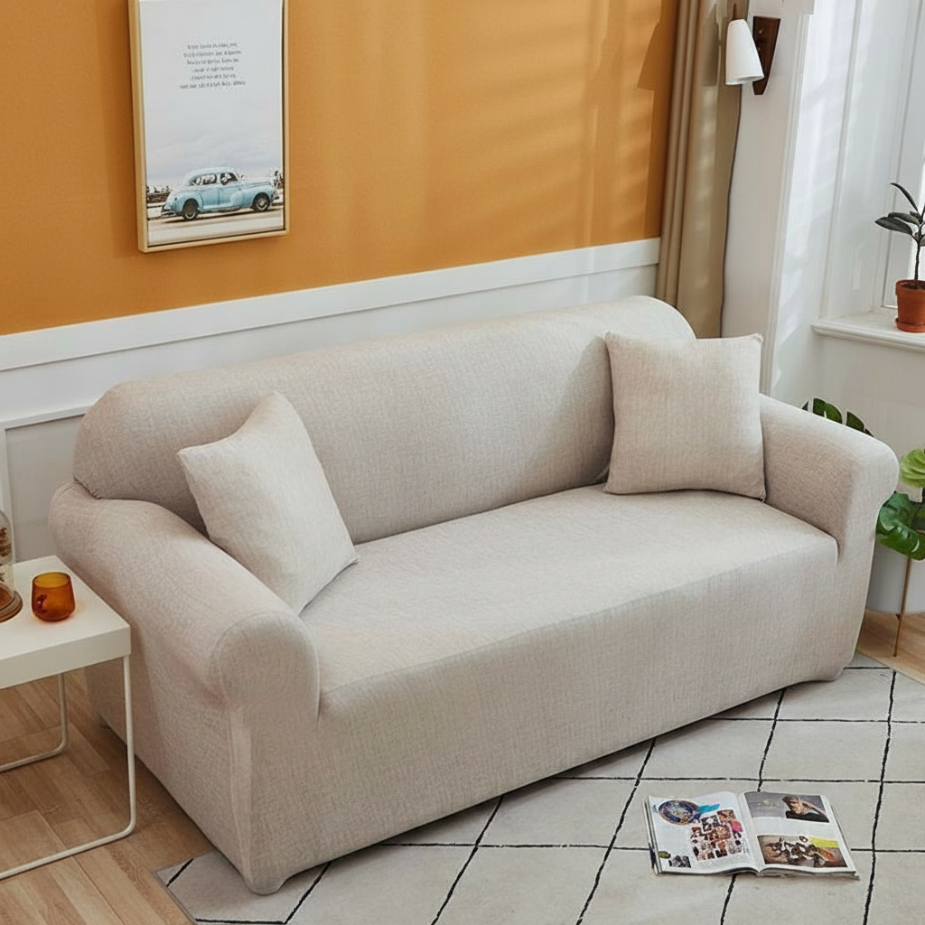 Egg shell cross pattern fabric stretch sofa slipcover fully fitted in a modern living room