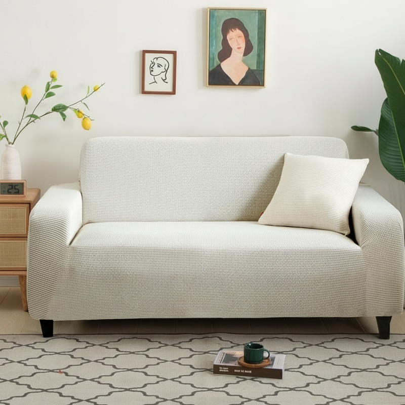 Narrow Jacquard White Couch Cover | Textured Pattern, Adaptable Fit