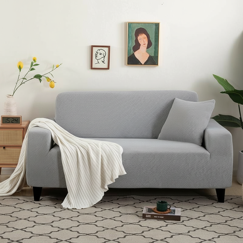 Narrow Jacquard Light Grey Couch Cover - full fitted slipcover in living room