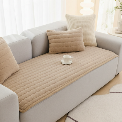 Taupe Sand plush seat protector pad on sofa seat