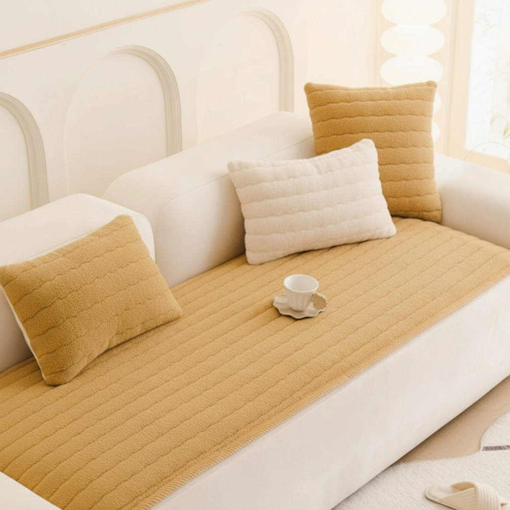 Honey Gold plush seat protector pad on sofa seat