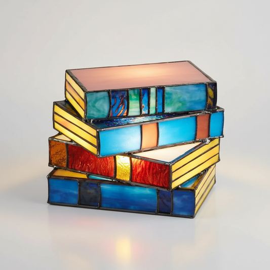 LiteraryGlow Stained Glass Stacked Books Table Lamp