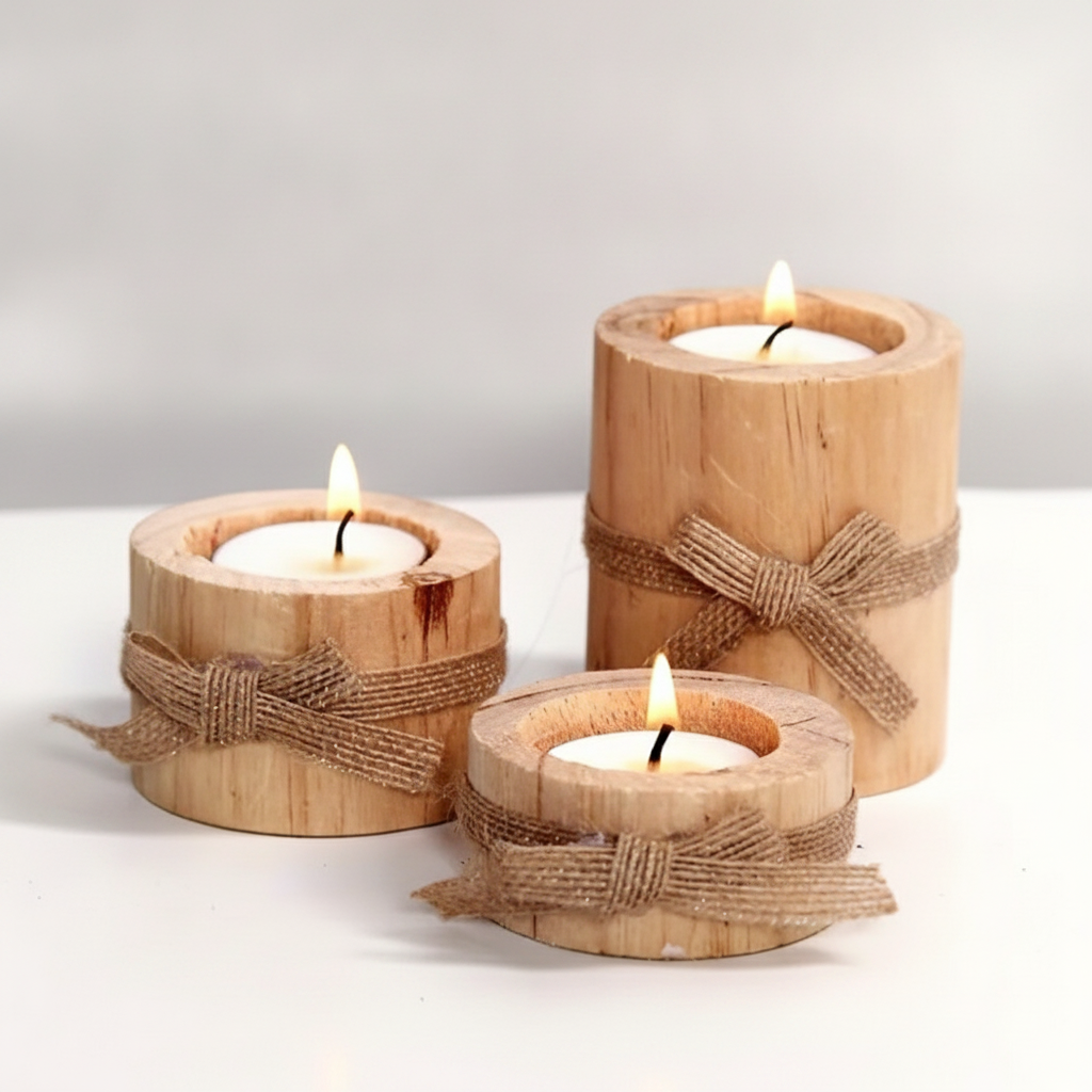 Handcrafted Bamboo Candle Holders Set of 3 studio packshot