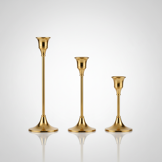 Vintage Gold Taper Candle Holders Set of 3 studio packshot