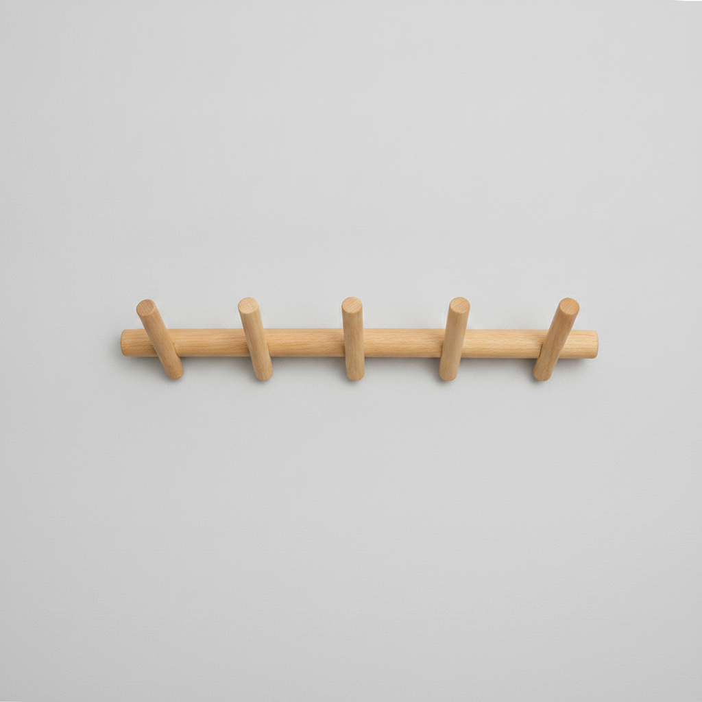 Solid Oak Wall Coat Rack with rounded pegs studio packshot
