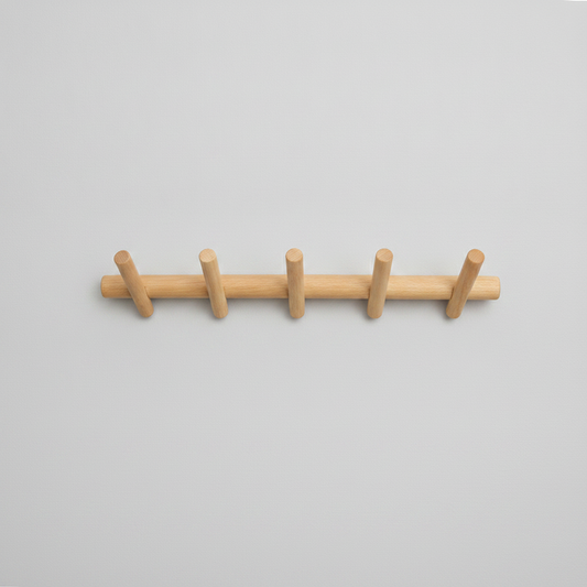 Solid Oak Wall Coat Rack with rounded pegs studio packshot