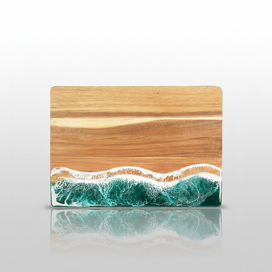 Acacia ocean resin cutting board green waves studio packshot