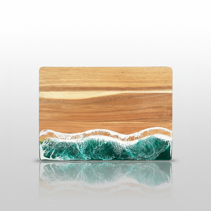 Acacia ocean resin cutting board green waves studio packshot