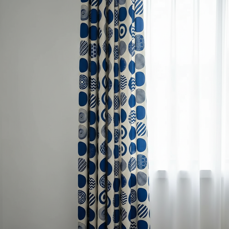 Retro Blue Polka Dot Curtain | Blackout Valance, Tassel Edge