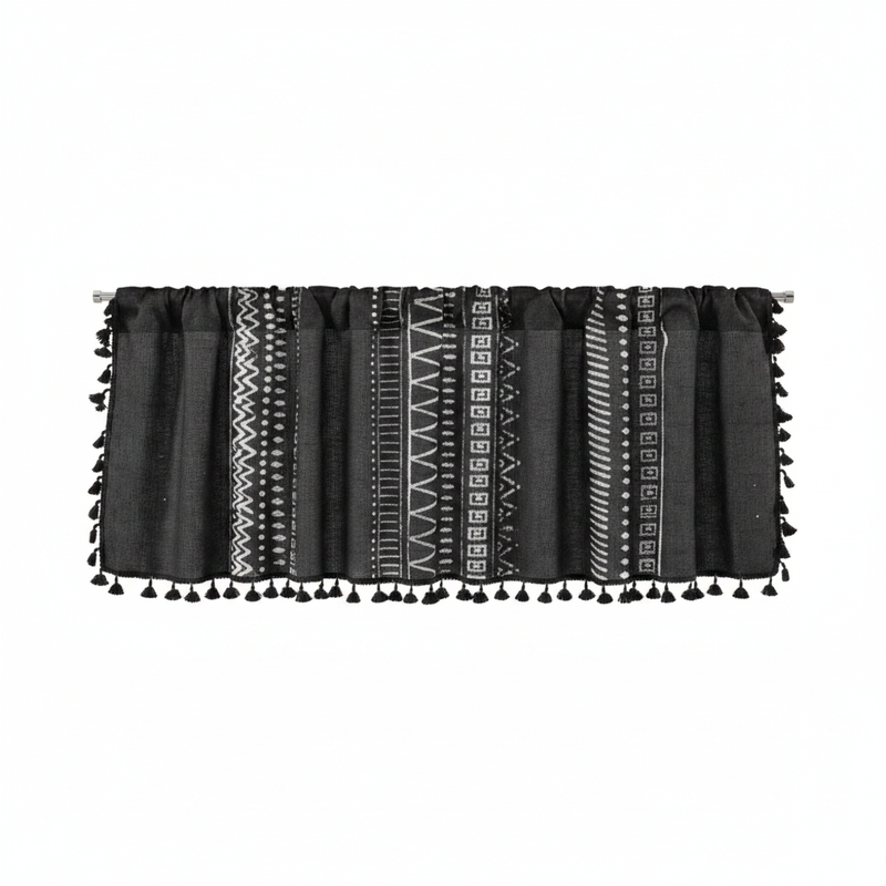 Black Geometric Tribal Tassel Cabinet Curtain | Linen, Rod Pocket