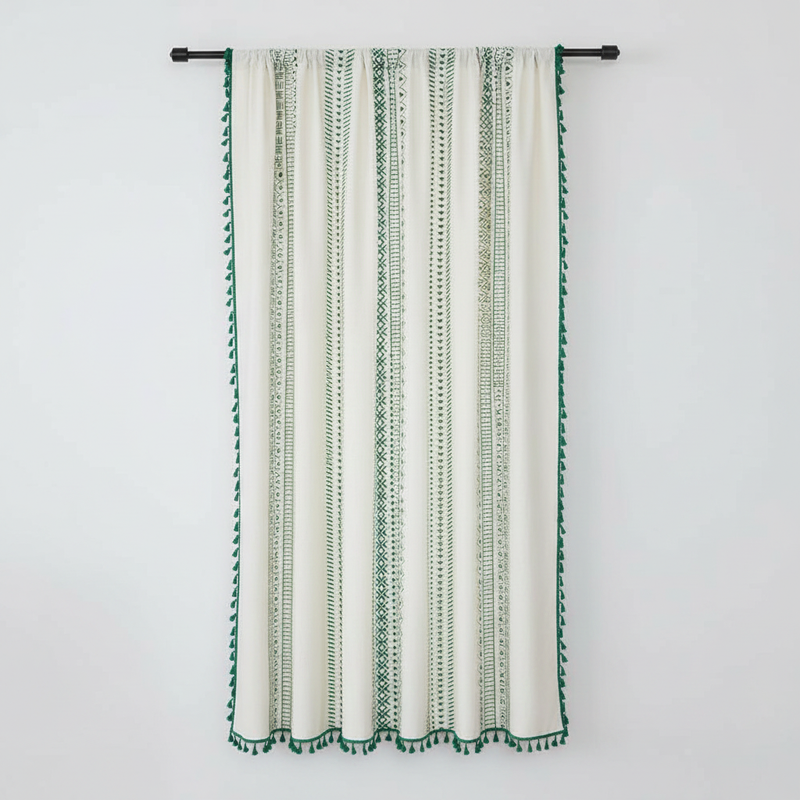 Emerald Tribe Boho Tassel Curtain | Green Stripe, Rod Pocket